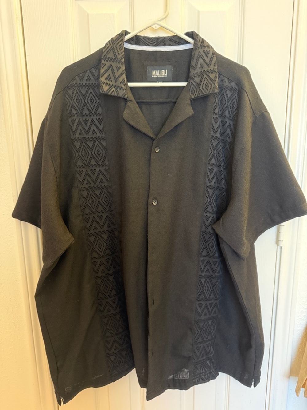Malibu Black Short-Sleeve Camp Shirt with Subtle Geometric Panels